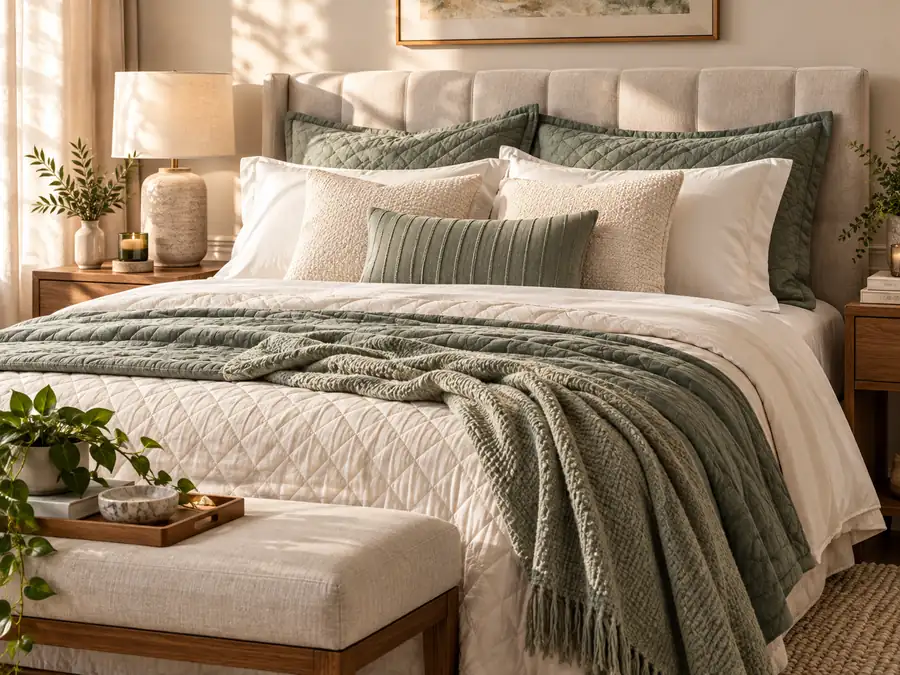 Calm bedroom with layered cream and sage bedding